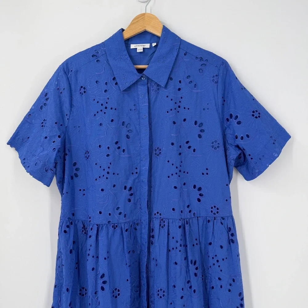 Chicos 100% Cotton Eyelet Tiered Midi Dress Womens SZ 2.5 US 14 Large - Picture 5 of 10